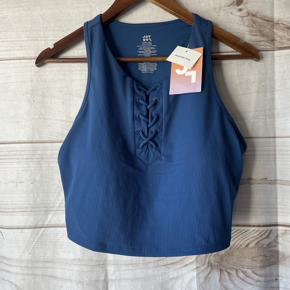 NWT JoyLab Lace-Up Ribbed Longline Bra- Moisture Wicking Deep Sea Blue XL